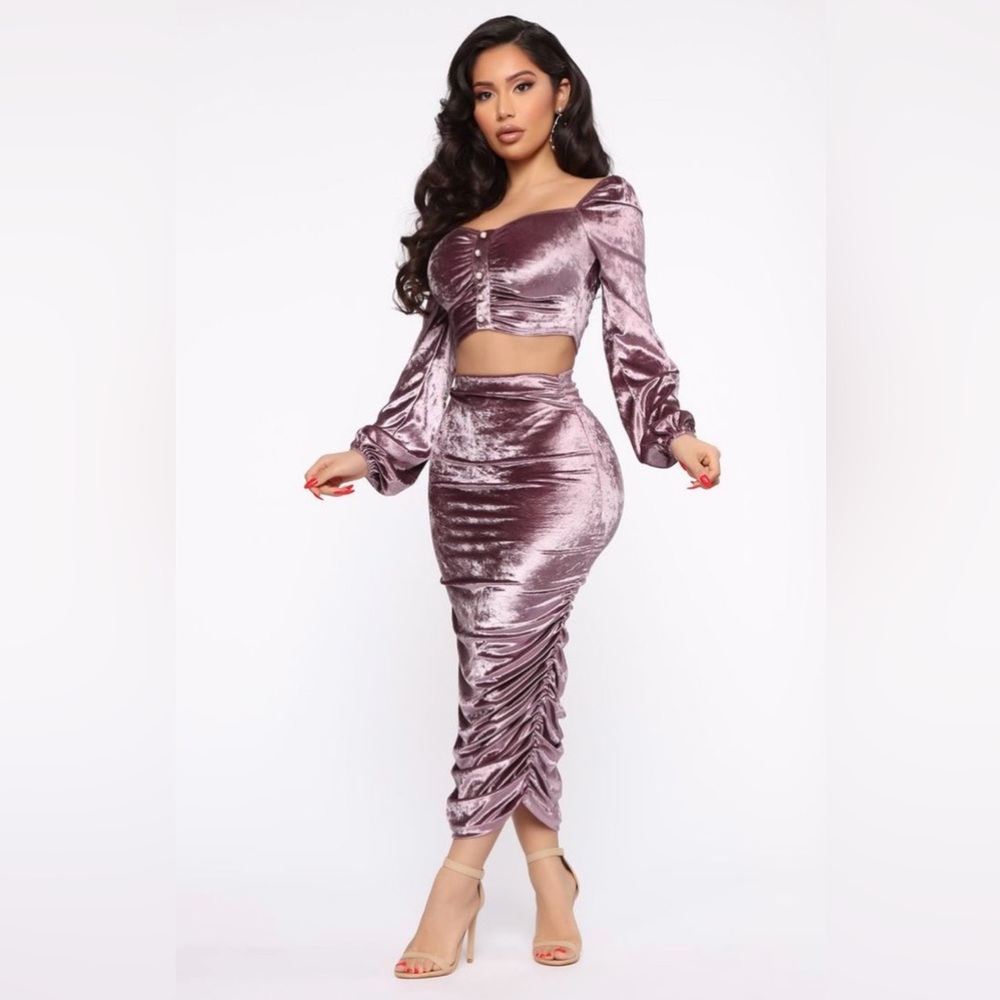 Fashion Nova Lavender Velvet Ruched 2 Piece  Midi Skirt and Top Set